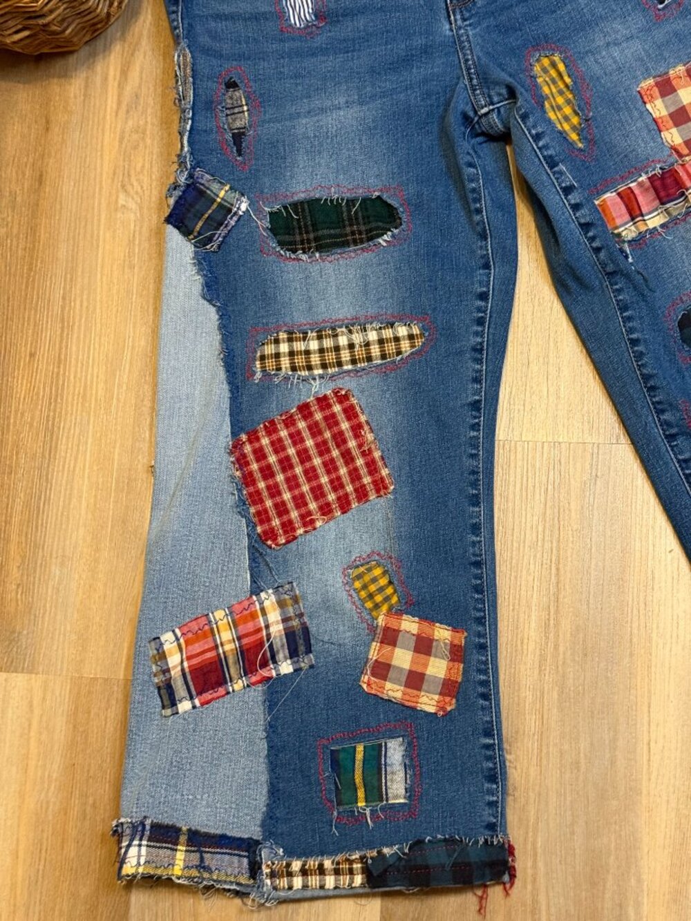 Upcycled Patchwork Jeans | Wide Leg Patched Denim | Visible Mending Art - Picture 5 of 11